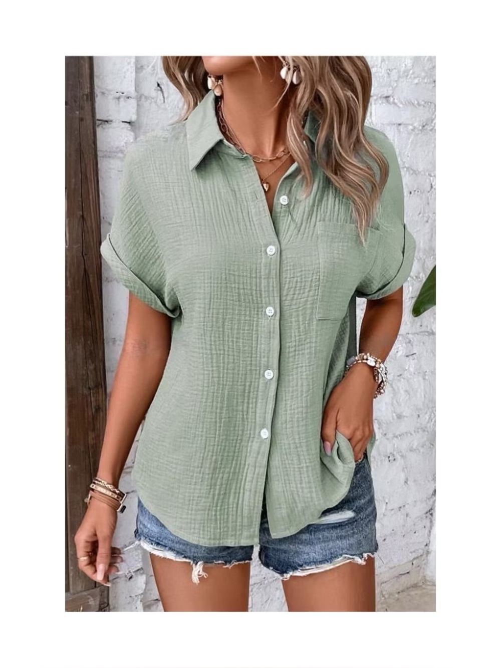 Light Sage Button-Down Cotton Gauze Shirt